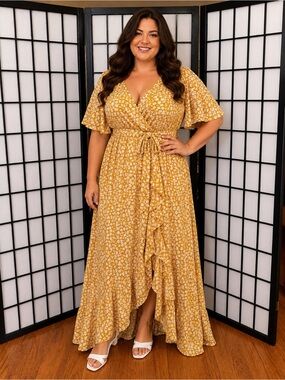 NWT Mustard Floral Wrap Maxi‎ Dress | Boho Ruffle Hem | Size 2XL